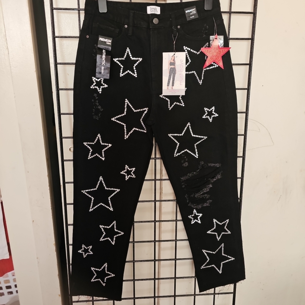 Women’s Boyfriend Jeans with Studded Star Design - Black